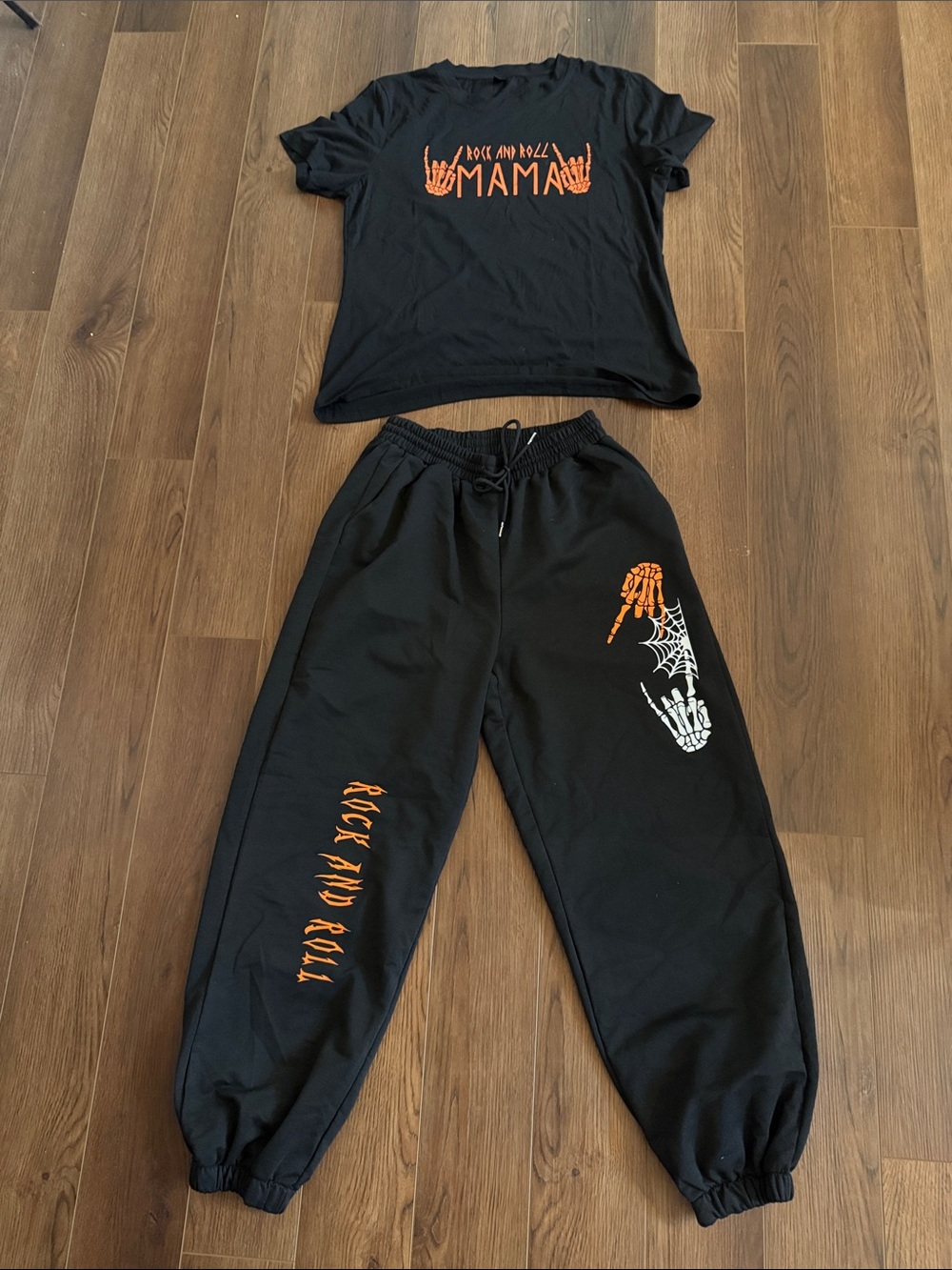 Black T-Shirt Sweatpants Set with Orange & White Rock Graphics - Size Large